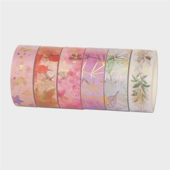 NEW 6 Rolls Washi Tape Gold Foiled Leaves, Geometric, Stars - Pink/ Purple - Picture 5 of 6